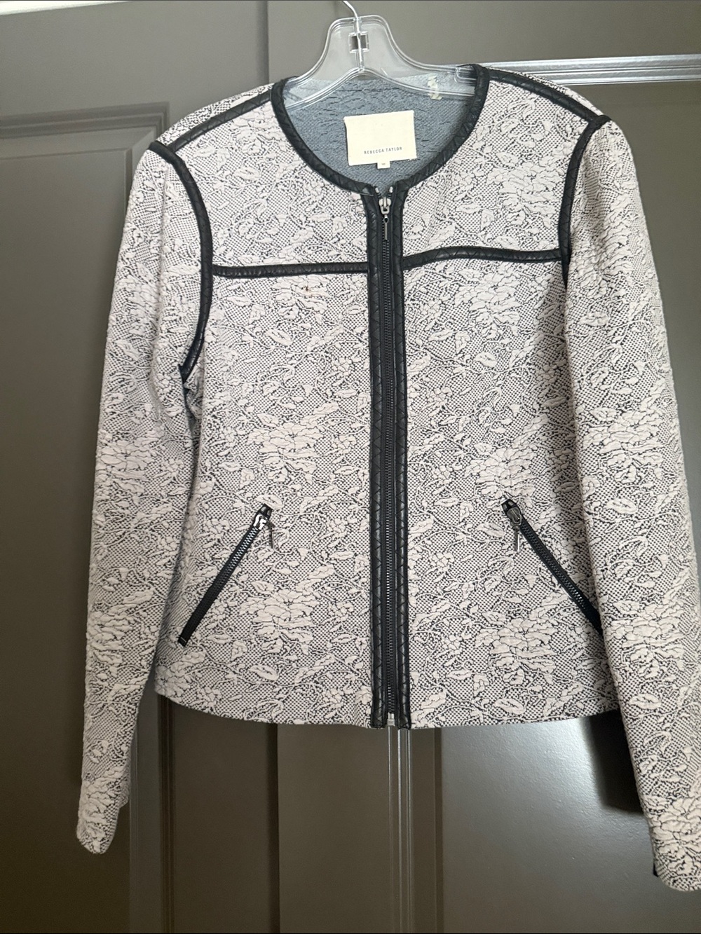 Rebecca Taylor Cream Floral Lace Zip Jacket with Black Leather Trim